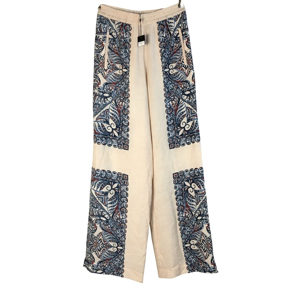 BCBGMaxAzria Joan WideLeg Boho Pallazo Pant Cream Blue Red Paisley Print XXS NWT